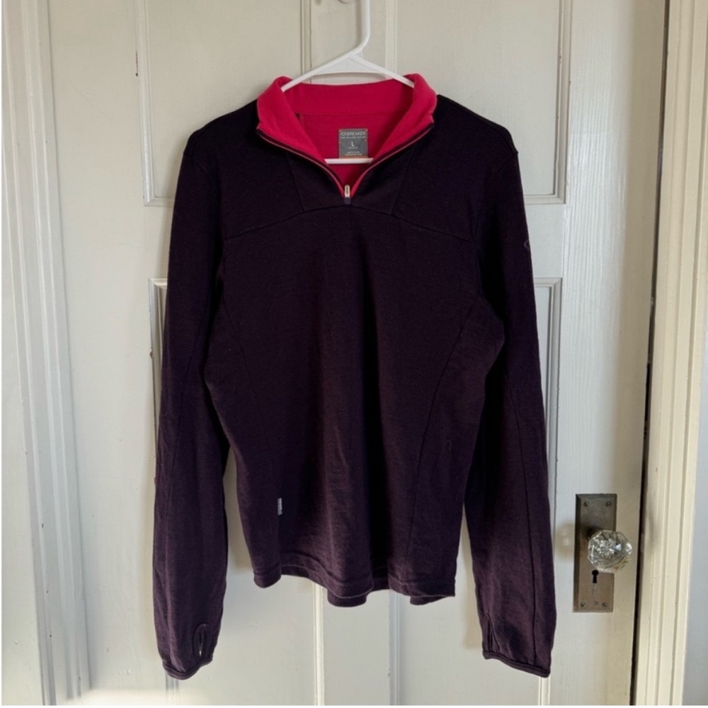 Icebreaker women's merino wool dark purple & pink zip pullover size large.